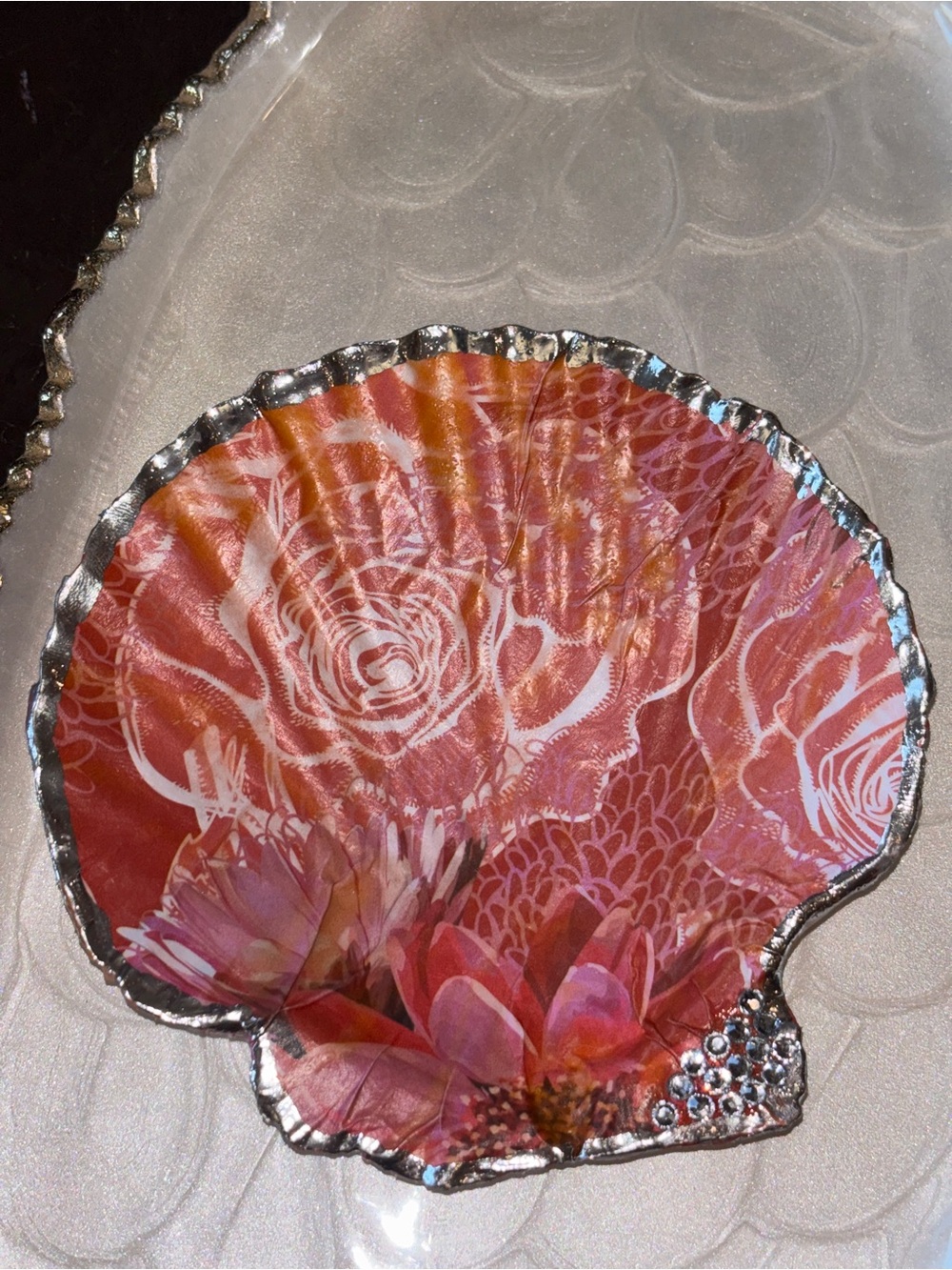 Decorative Pink Shell Trinket Dish with Silver Edge